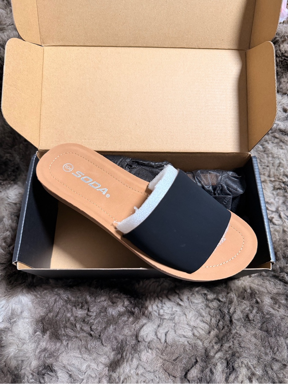 Black Slide Sandal with Tan Footbed